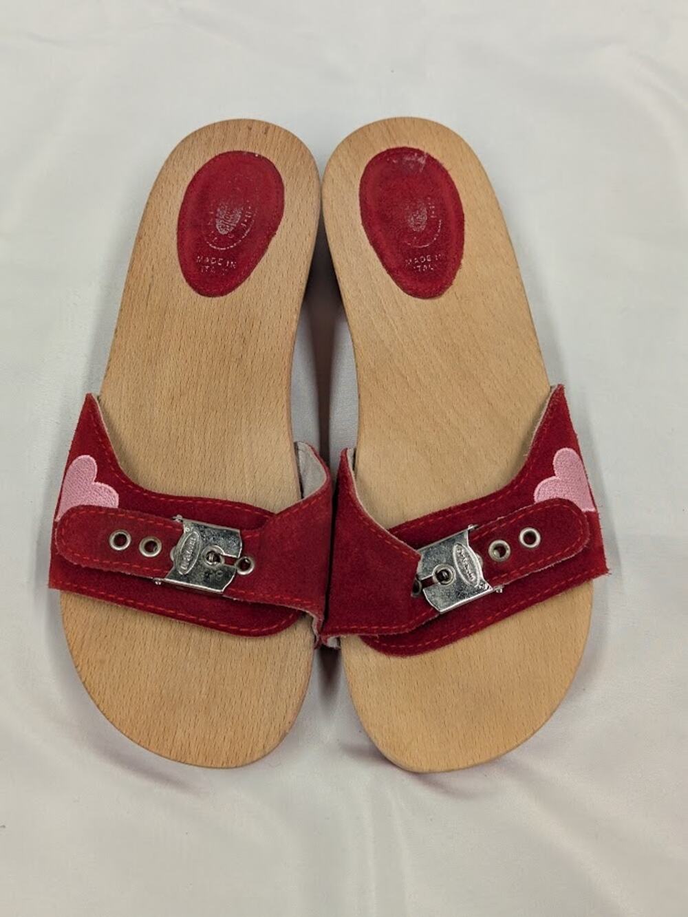 Vintage Dr Scholls Original Wooden Exercise Sandals Womens Size 7 Red Pink Heart